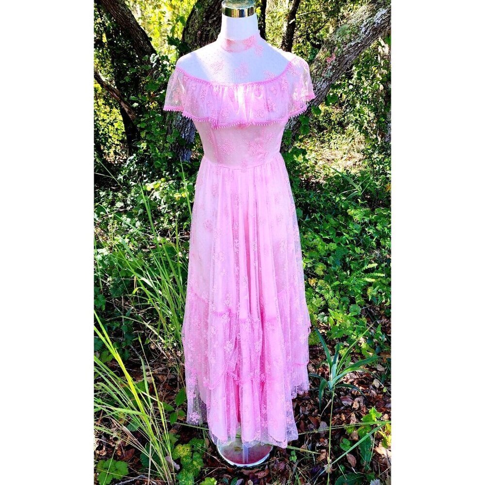 Vintage Pink Tiered Ruffled Lace Midi‎ Gown Victorian Prairie High Neck Small?